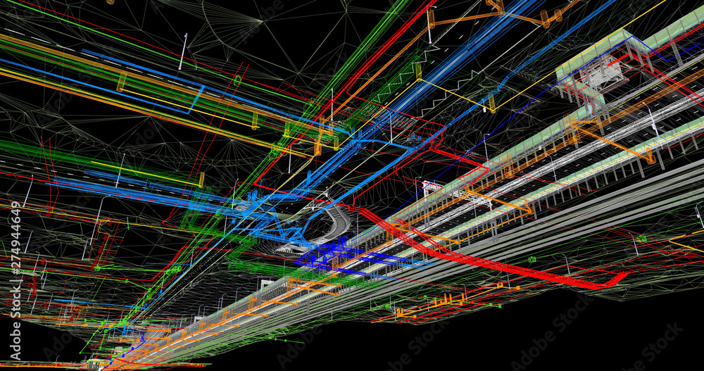 Wall mural the bim model of the object of transport infrastructure of wireframe view