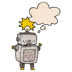 cartoon robot and thought bubble in grunge texture pattern style