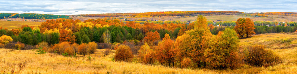 Picturesque autumn landscape in green and yellow colors. Panoramic view from hill to lowland with grove, village and field in cloudy day. Colorful autumnal nature, beautiful natural background