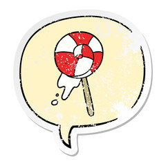 cartoon traditional lollipop and speech bubble distressed sticker