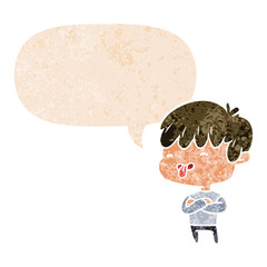 cartoon boy sticking out tongue and speech bubble in retro textured style