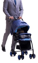 Young dad businessman with baby pram isolated on white