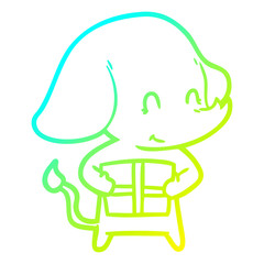 cold gradient line drawing cute cartoon elephant with present