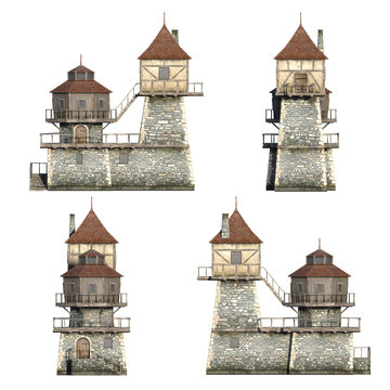 Frontside medieval houses set. 3D illustration