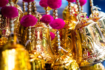 Beautiful handmade hanging decorations on display for sale in candni chowk delhi