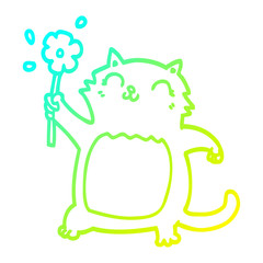 cold gradient line drawing cartoon cat with flower