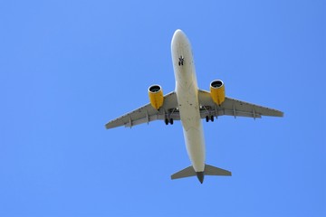 Airplane in flight with the blue sky at the background