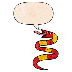 hissing cartoon snake and speech bubble in retro texture style