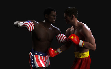 Fototapeta na wymiar Concept of trade war between USA and China. 3d illustration two boxer fighting US and China flag trading punches for the concept: Trade War.