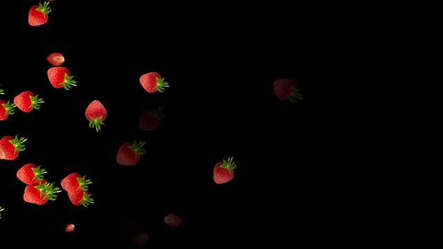 Strawberries falling against black background with copy space