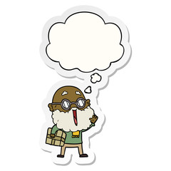 cartoon joyful man with beard and parcel under arm and thought bubble as a printed sticker