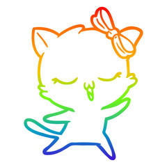 rainbow gradient line drawing cartoon dancing cat with bow on head