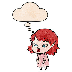 cartoon elf girl with pointy ears and thought bubble in grunge texture pattern style