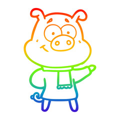 rainbow gradient line drawing happy cartoon pig wearing rainbow clothes