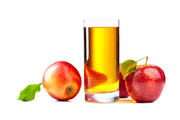Glass of apple juice and red apples isolated on a white background.