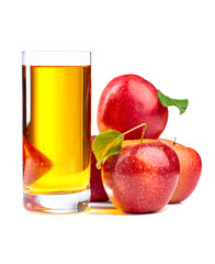 Glass of apple juice and red apples isolated on a white background.