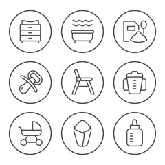 Set round line icons of baby goods