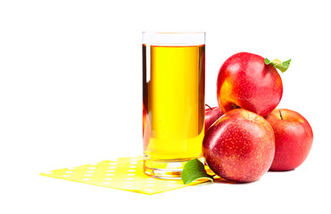 Glass of apple juice and red apples isolated on a white background.