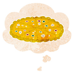 cartoon pizza and thought bubble in retro textured style