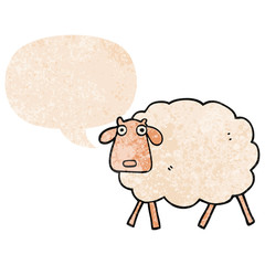 cartoon sheep and speech bubble in retro textured style