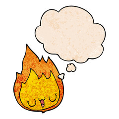 cartoon flame with face and thought bubble in grunge texture pattern style