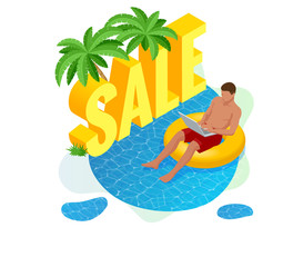 Fototapeta premium Isometric Summer Sale Promo web banner template, discount offer. Promo badge for your seasonal design. Sale Background.