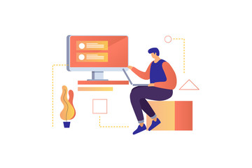 A young man working on a project. Digital technology. Development and implementation of computer applications. Vector illustration.