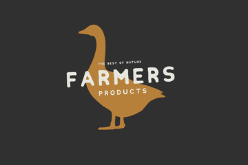 Logo template with the image of the silhouette of a goose and the inscription farm product. Emblem for butcher shops, markets, packaging and advertising. Vector illustration on dark background.