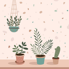Fototapeta premium Home green potted plants on the shelf. Houseplants in pots for home interior decoration. Vector illustration on a Terrazzo texture background.