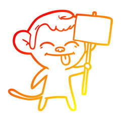 warm gradient line drawing funny cartoon monkey with placard
