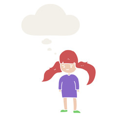 cartoon girl with long hair and thought bubble in retro style