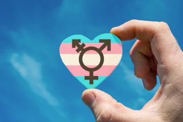 The symbol of transgender people in the heart holds the hand of a man