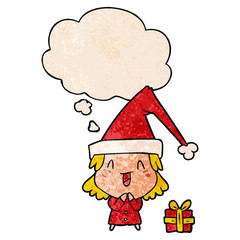 cartoon girl wearing christmas hat and thought bubble in grunge texture pattern style
