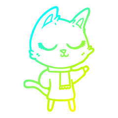 cold gradient line drawing calm cartoon cat wearing scarf