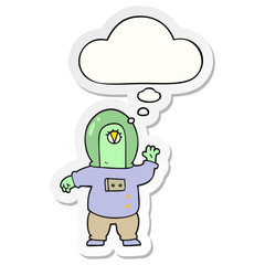 cartoon space alien and thought bubble as a printed sticker