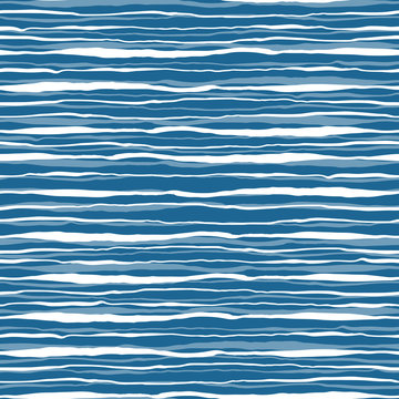 Vector blue ocean waves seamless pattern. Hand drawn water stripes tile. Wavy aqua all over print for nautical textile, maritime home decor. Coastal background.