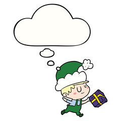 cartoon happy christmas elf and thought bubble