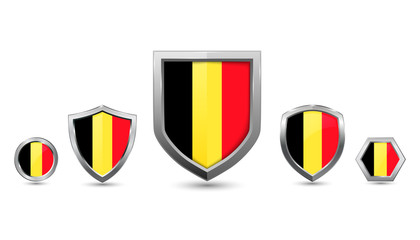 Set of Belgium country flag with metal shape shield