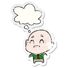 cartoon old man and thought bubble as a distressed worn sticker