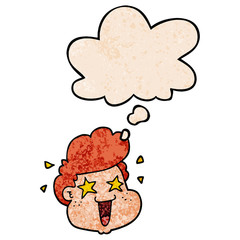 cartoon boy's face and thought bubble in grunge texture pattern style