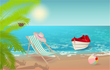 Fototapeta na wymiar red boat, beach palm butterfly water summer