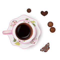 Cup of coffee and chocolate candies, butterfly