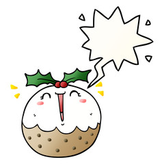 cute cartoon christmas pudding and speech bubble in smooth gradient style