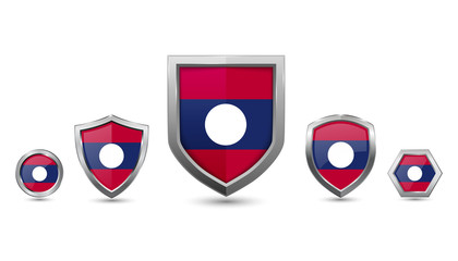 Set of laos country flag with metal shape shield badge