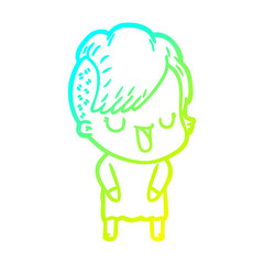 cold gradient line drawing cute cartoon girl with hipster haircut