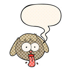 cartoon dog face panting and speech bubble in comic book style