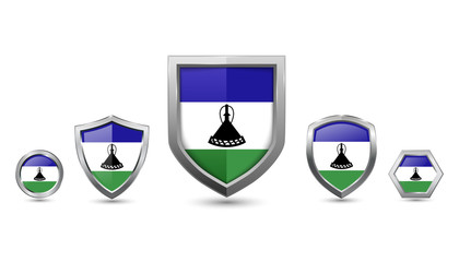 Set of lesotho country flag with metal shape shield badge