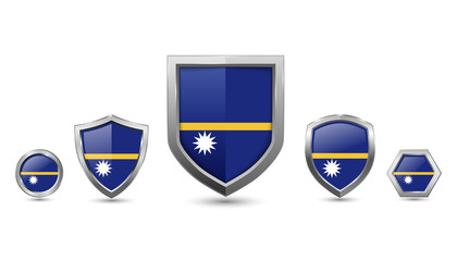 Set of nauru country flag with metal shape shield badge