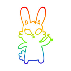 rainbow gradient line drawing cute cartoon rabbit waving
