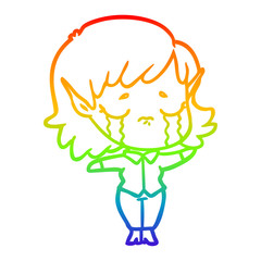 rainbow gradient line drawing cartoon crying elf girl